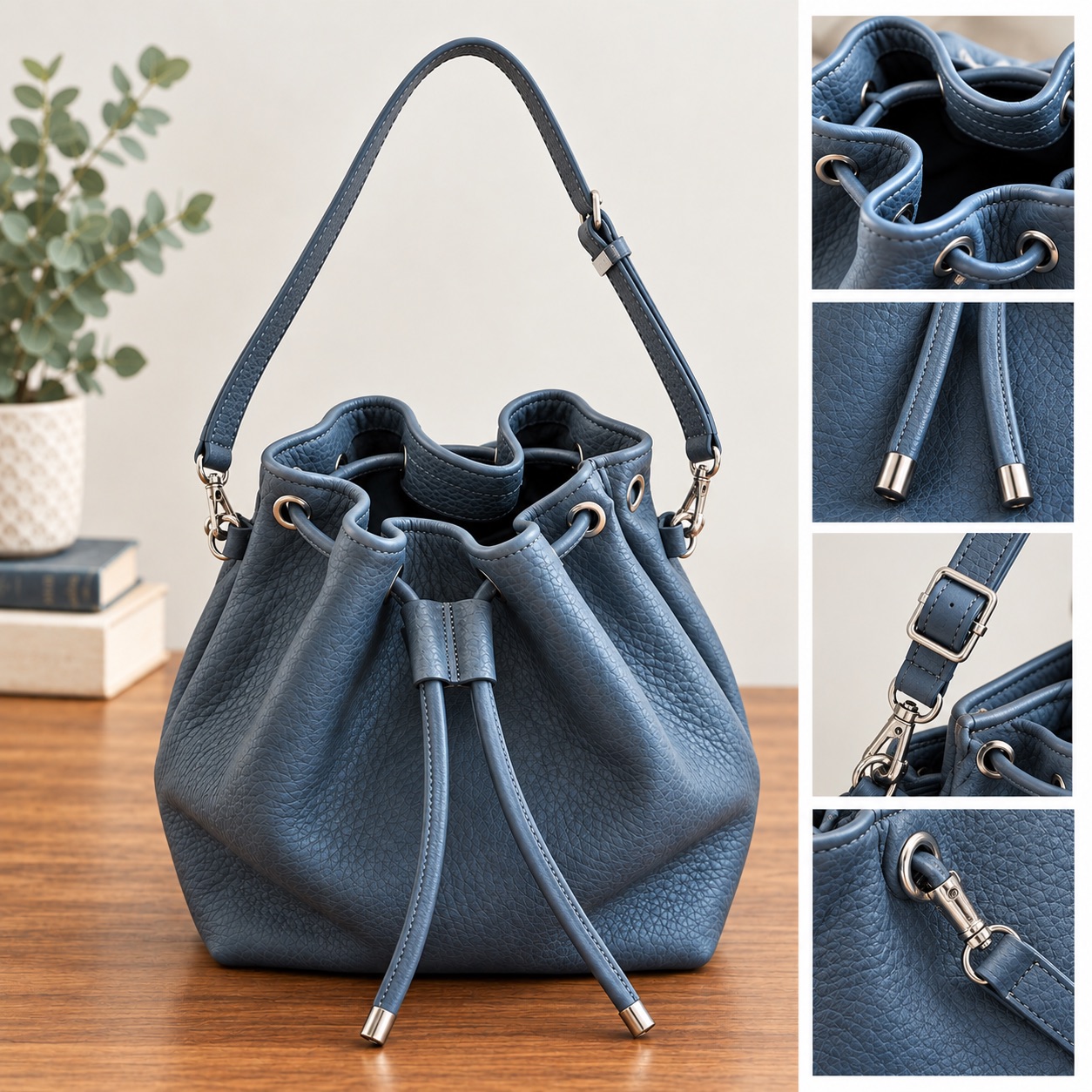 Blue-grey drawstring bucket bag with detail views of the eyelets, capped drawcords, adjustable strap, and swivel clip attachment