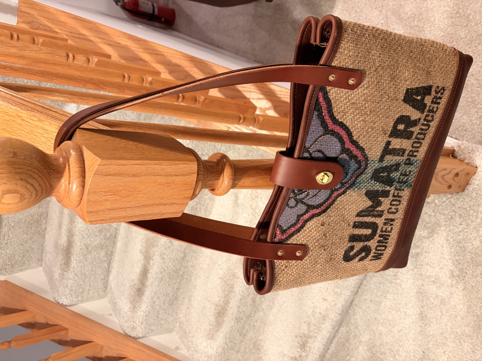 Tote bag showing coffee sack inlay panel