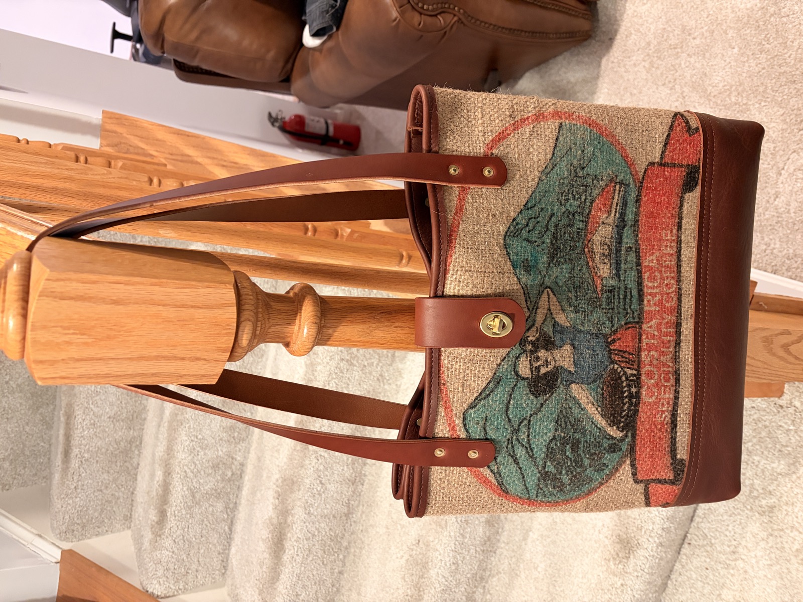 Tote bag detail of coffee sack graphics