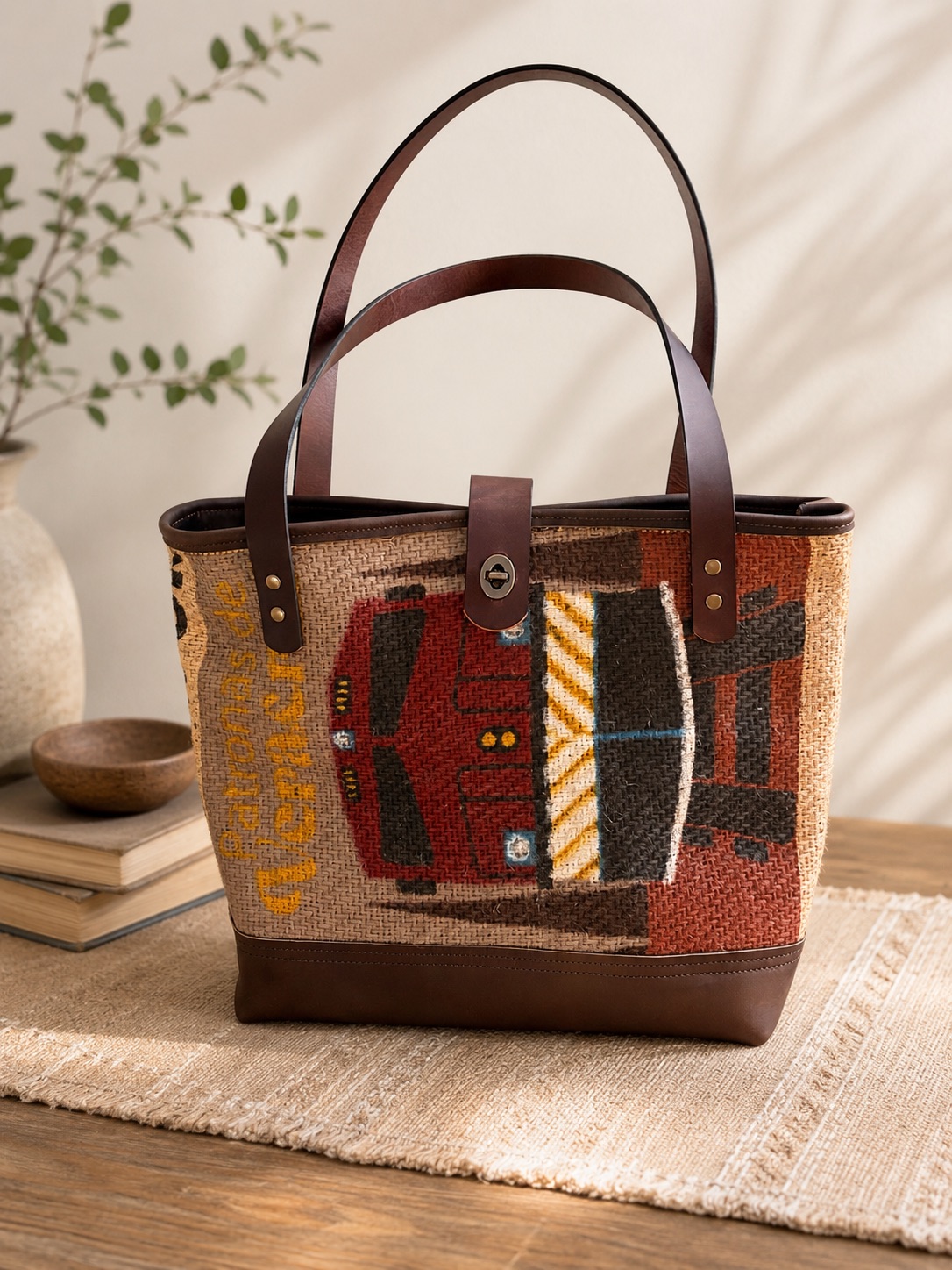 Coffee sack tote with dark brown leather trim and turn-lock clasp