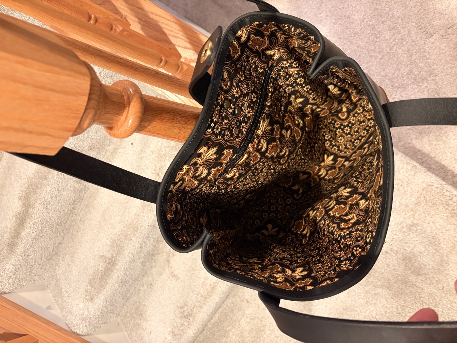 Tote bag open showing Indonesian batik lining