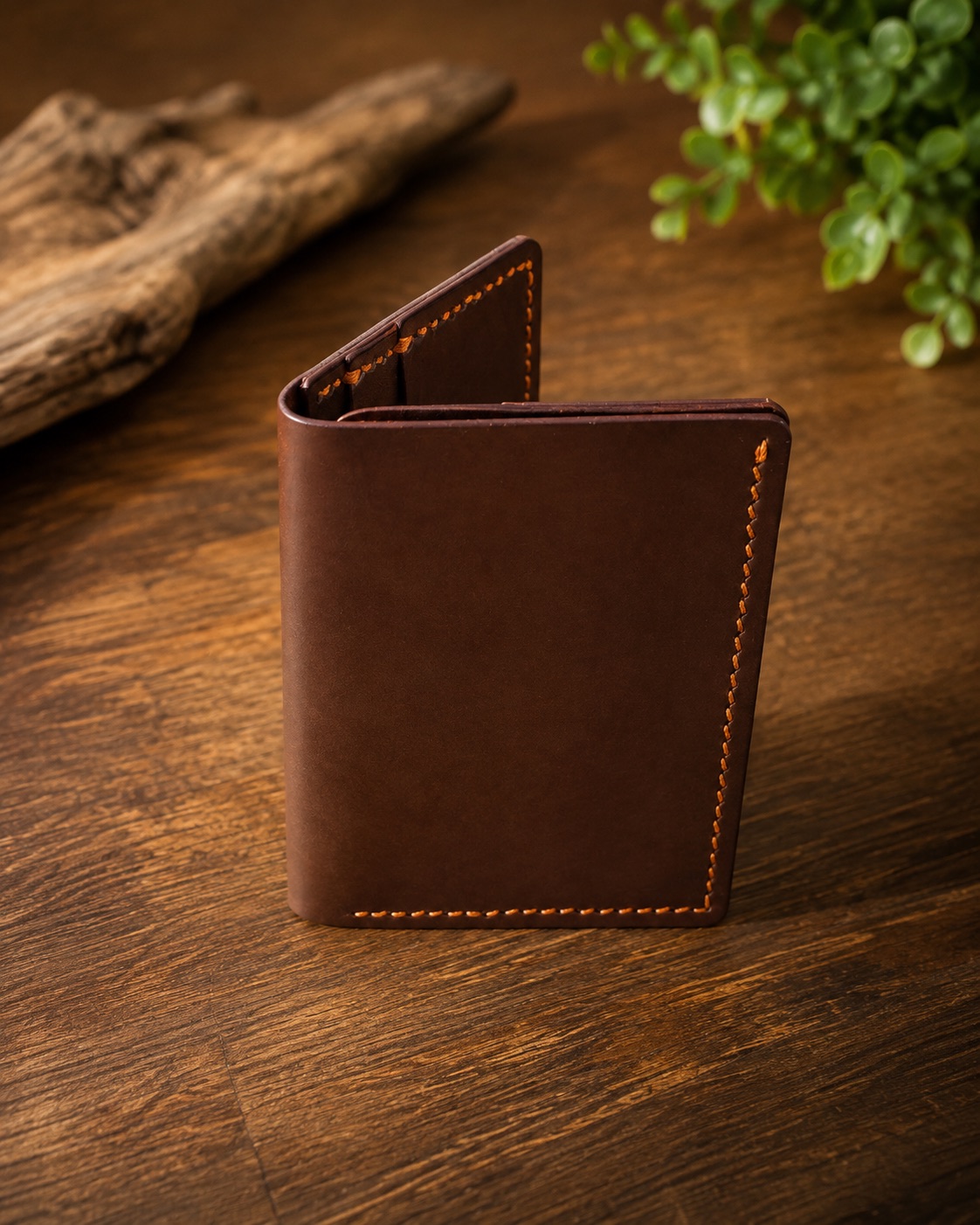 The Gentleman wallet closed, showing hand-stitched edges