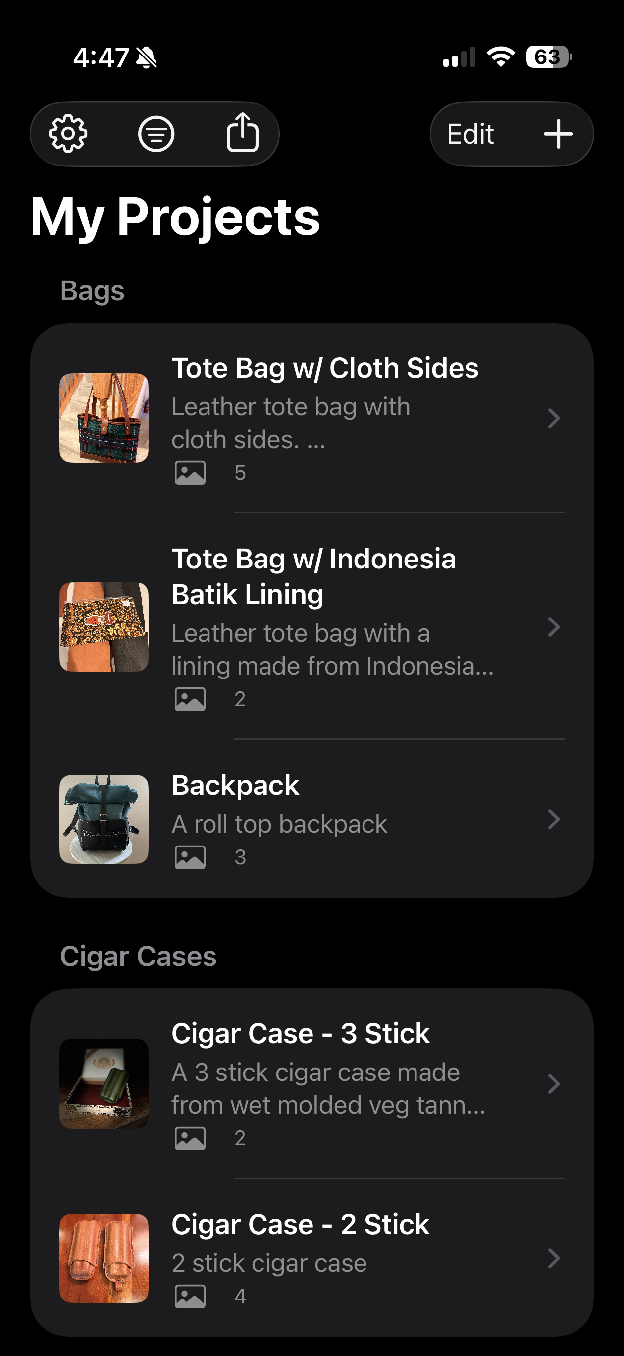 MakerFolio project list screen
